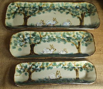 Set of 3 trays, unstacked, green trees